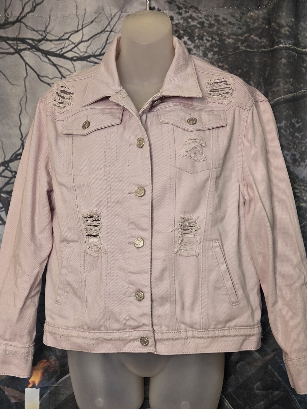 Women's Pink Distressed Denim Jacket